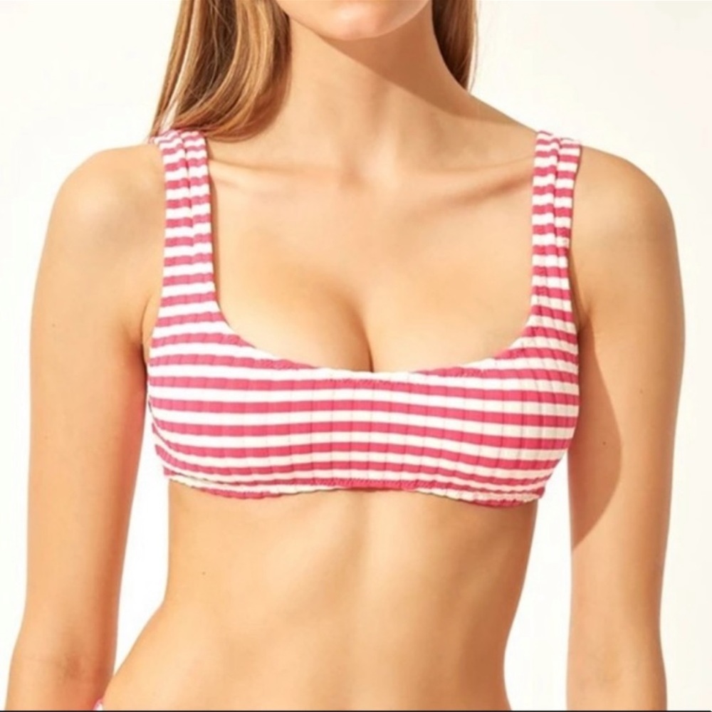 Solid & Striped The Elle Ribbed Bikini Top in Fuschia Stripe Size XS